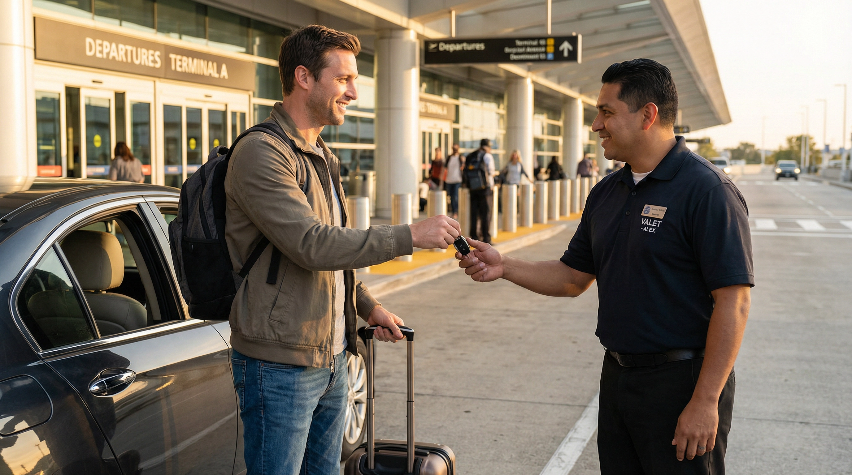 Valet Parking: conductor entregando las llaves del coche a un aparcacoches profesional y sonriente, justo en la puerta de Salidas del aeropuerto