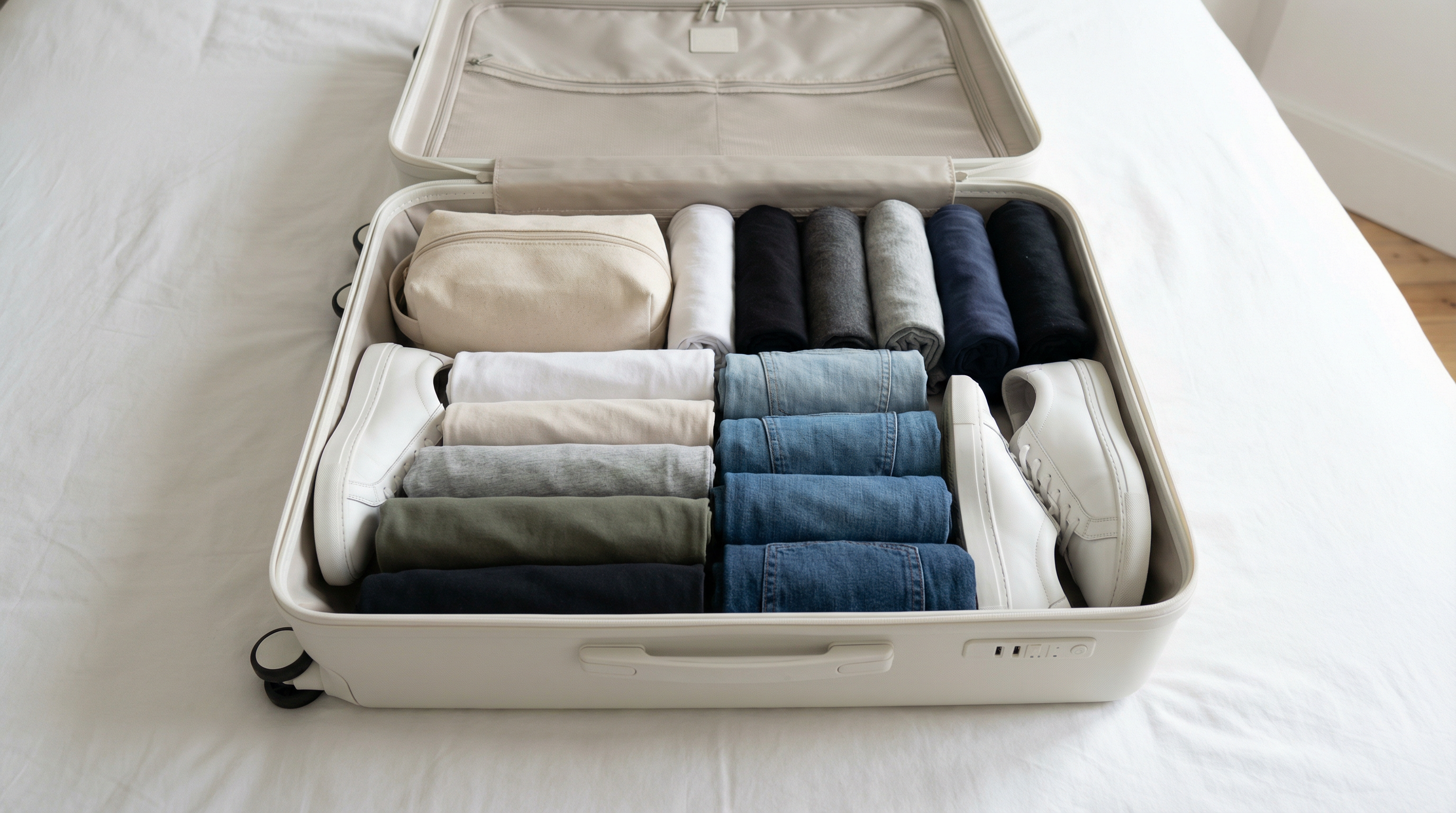 Tip: An open cabin bag, very well organized, with t-shirts and trousers perfectly rolled into compact rolls
