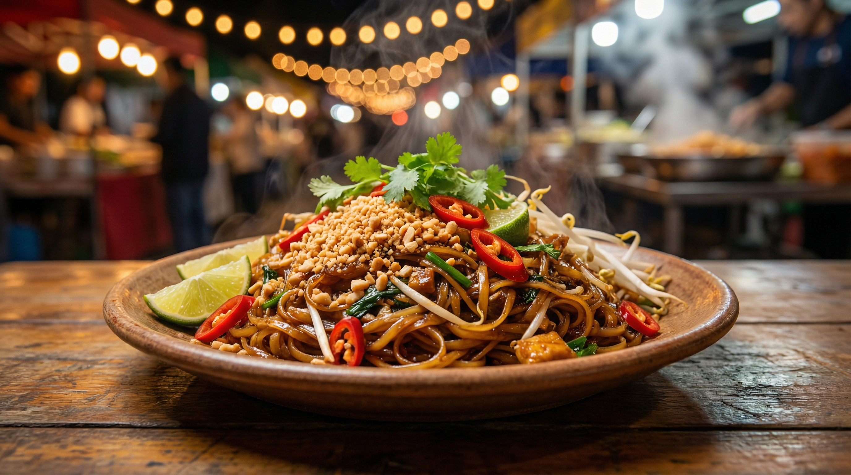 Comida: Prato de street food asiática autêntica, como Pad Thai com malaguetas vermelhas, a fumegar num ambiente noturno vibrante