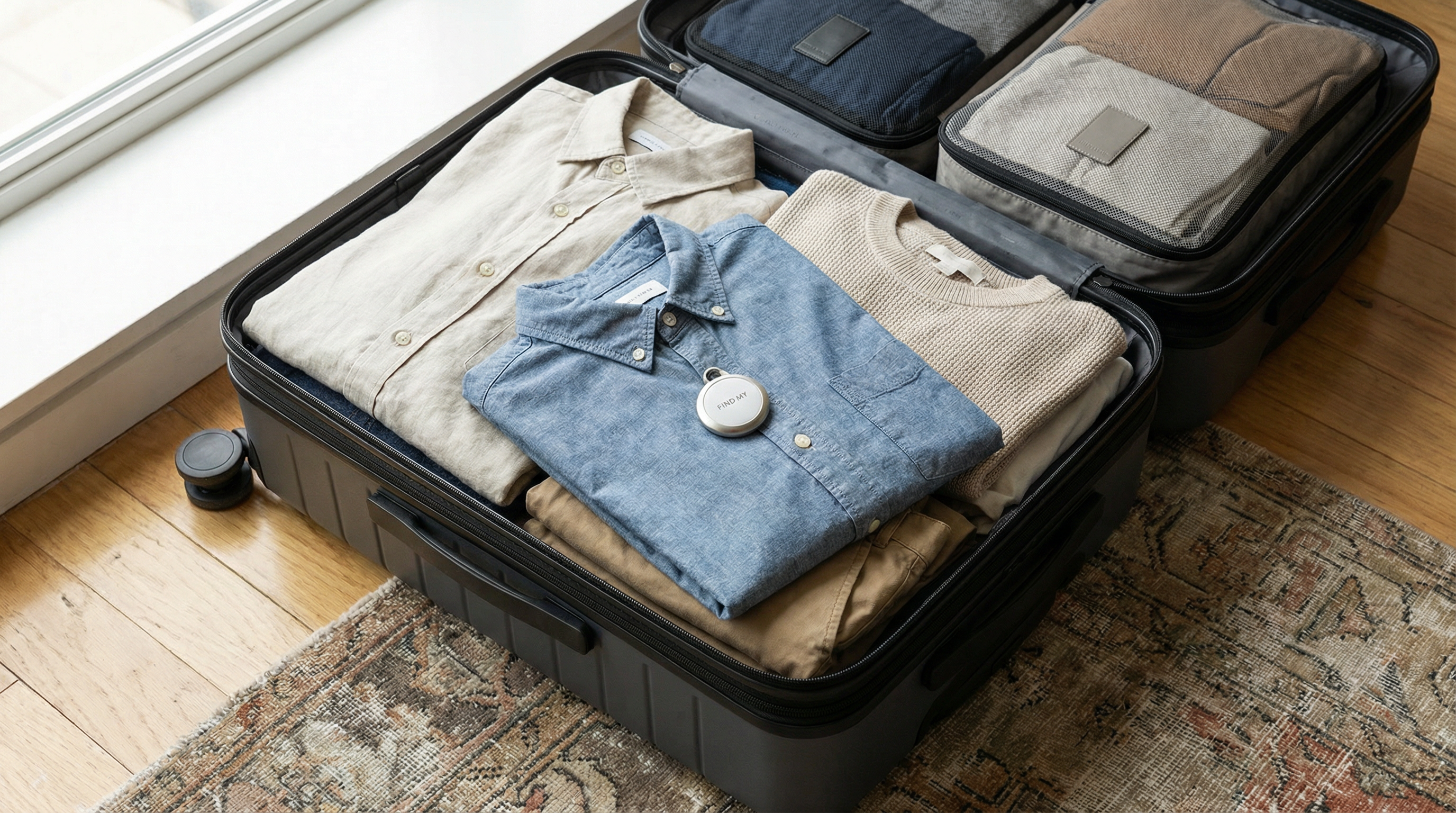 Dica: Close-up lifestyle de uma mala de porão aberta, onde se vê um Apple AirTag (ou localizador similar) colocado estrategicamente no meio da roupa dobrada