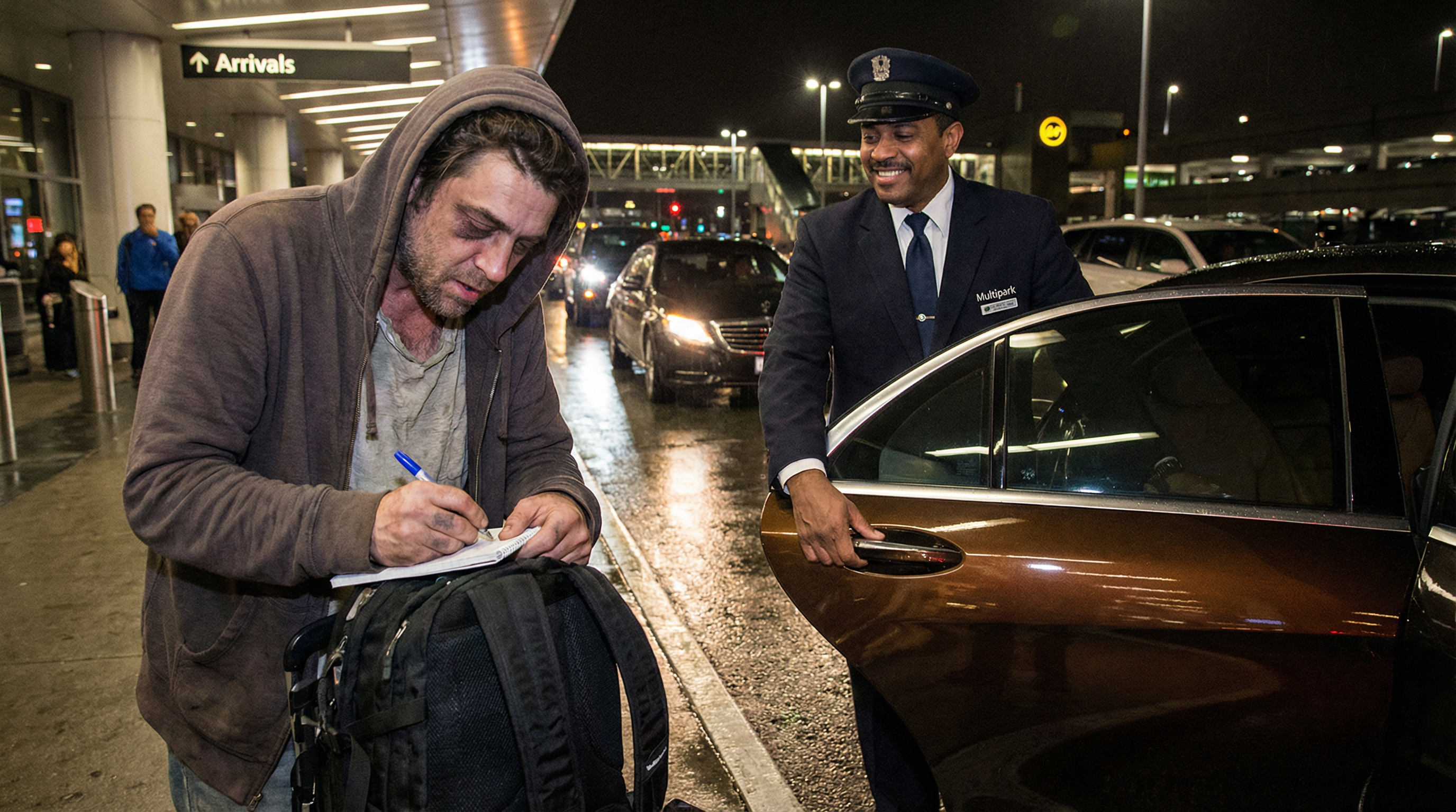 Valet Regresso: O viajante em modo  zombie  a sair das Chegadas à noite, a suspirar de alívio enquanto o motorista da Multipark lhe abre a porta do seu carro quentinho