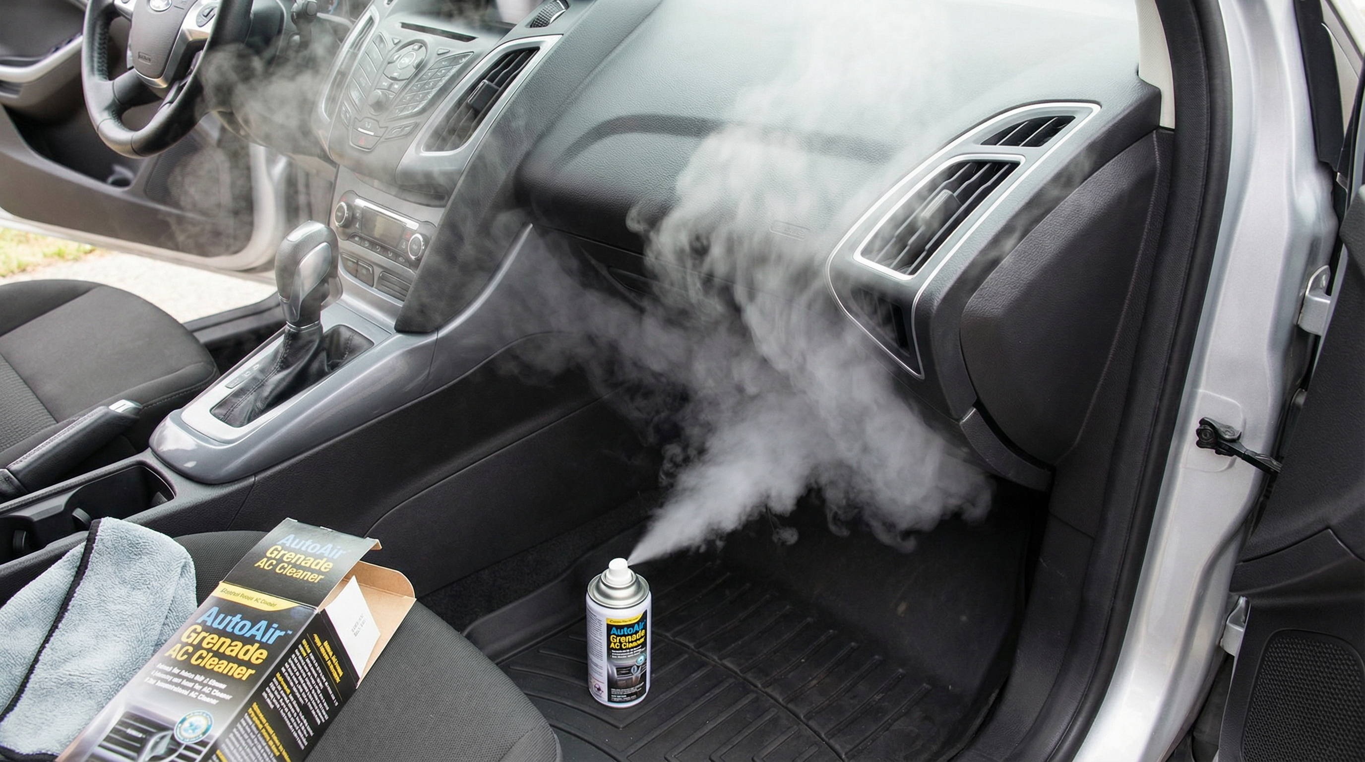 Dica: Um close-up de uma lata de spray higienizador (a granada ) ativada no chão do lado do pendura, com o nevoeiro branco espesso a sair e a espalhar-se pelo habitáculo do carro.