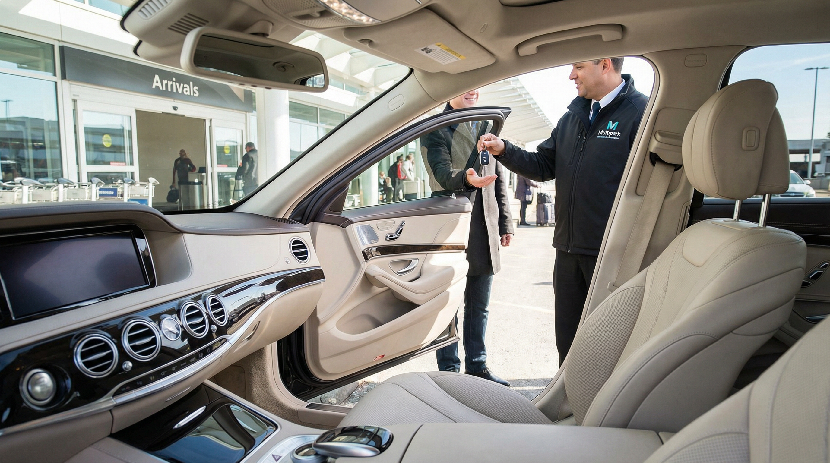 Serviço Extra: O interior de um carro impecavelmente limpo e a brilhar, enquanto o motorista da Multipark entrega as chaves ao cliente nas Arrivals do aeroporto.