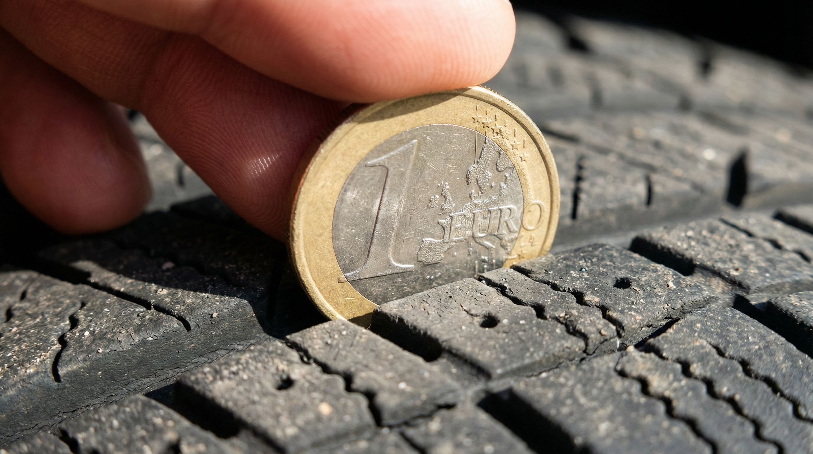 Dica: Close-up fotorealista de uma mão a colocar uma moeda de 1 euro nas ranhuras de um pneu de carro limpo para verificar a profundidade do piso