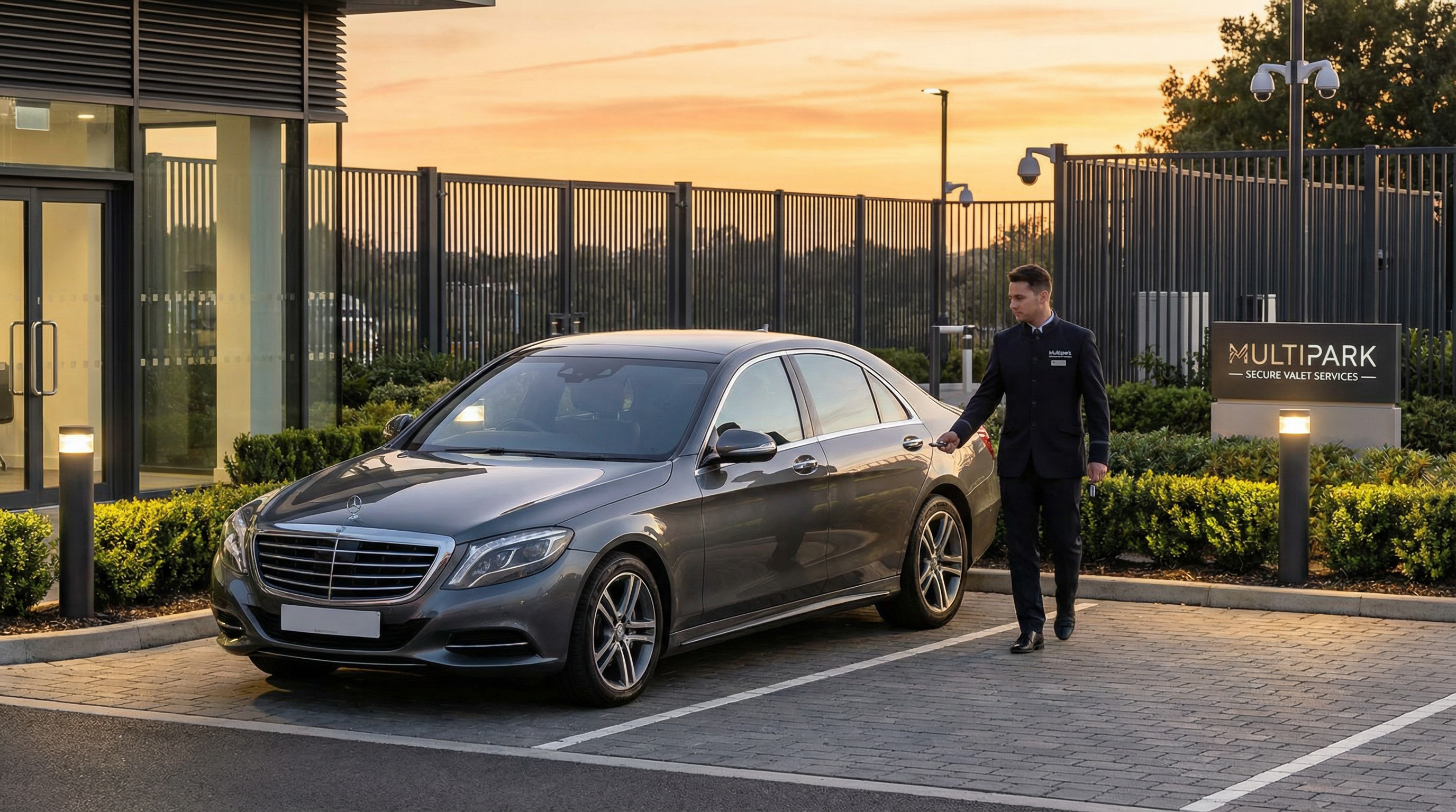 Valet Parking: Um carro limpo e brilhante estacionado num parque de estacionamento seguro, vedado e bem iluminado (o hotel de 5 estrelas ), com um motorista da Multipark a caminhar por perto