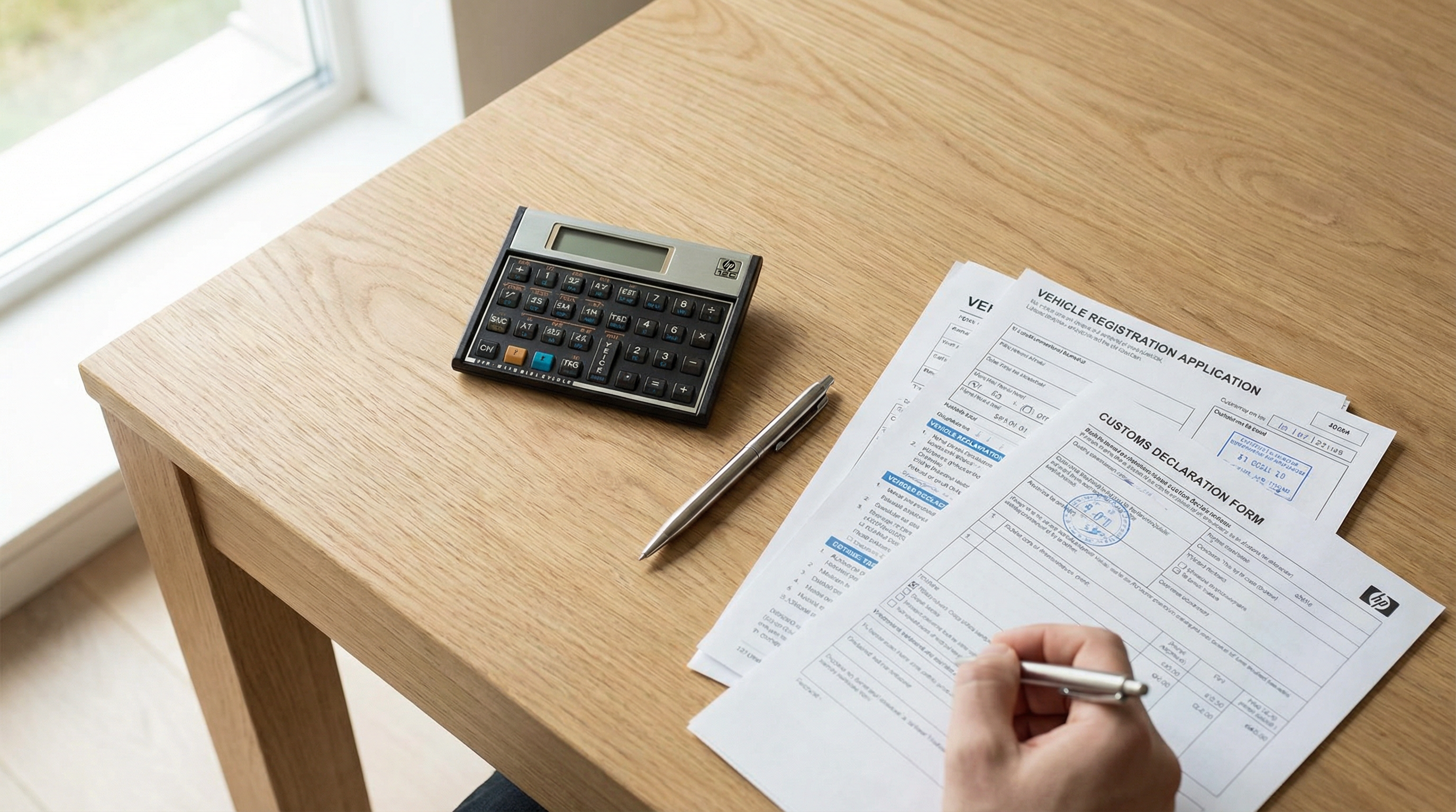 Dica: Perspetiva de cima de uma secretária com uma máquina de calcular, caneta e documentos de alfândega/registo automóvel, simbolizando as contas do ISV