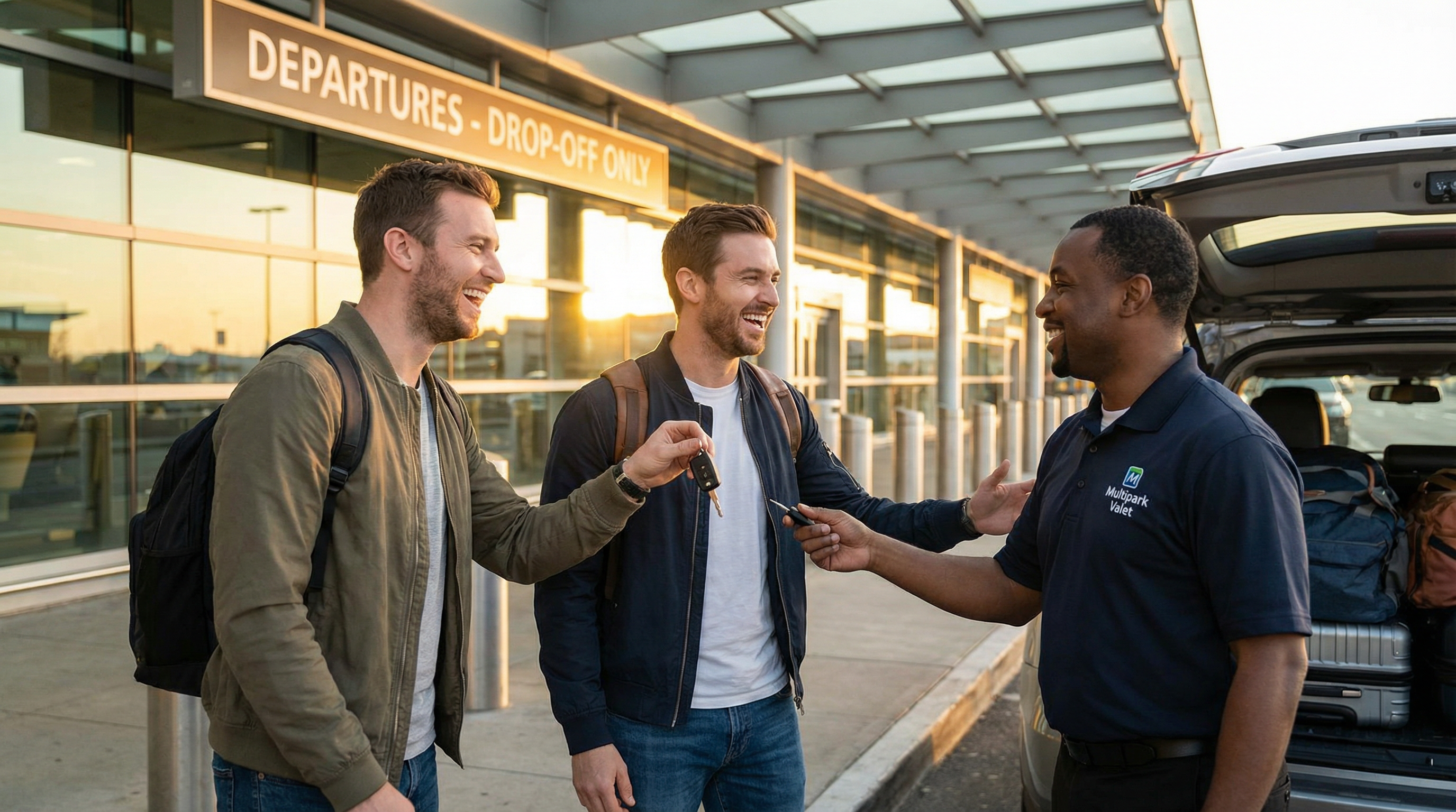 Valet Parking: Dois amigos entusiasmados a chegar de madrugada às Partidas do aeroporto no seu carro atual, a entregar as chaves ao motorista da Multipark antes de voarem para ir buscar o carro novo