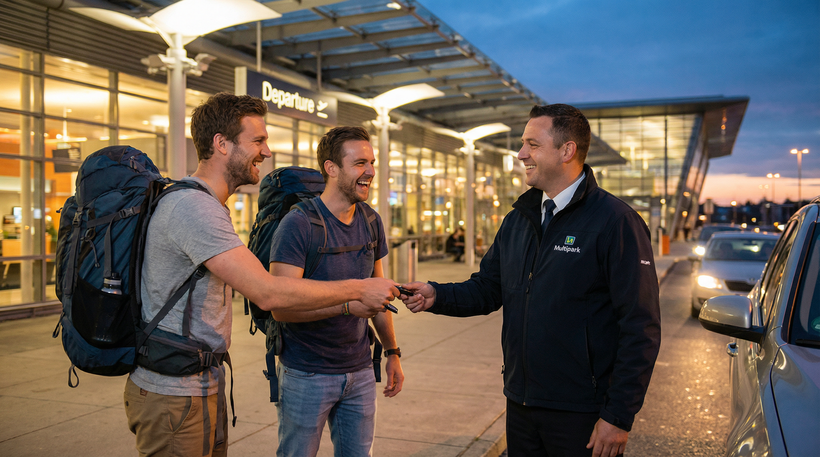 Valet Parking: Dois amigos com mochilas leves a chegar de madrugada ao aeroporto no seu carro atual, a entregar as chaves ao motorista profissional da Multipark, prontos para a viagem de importação