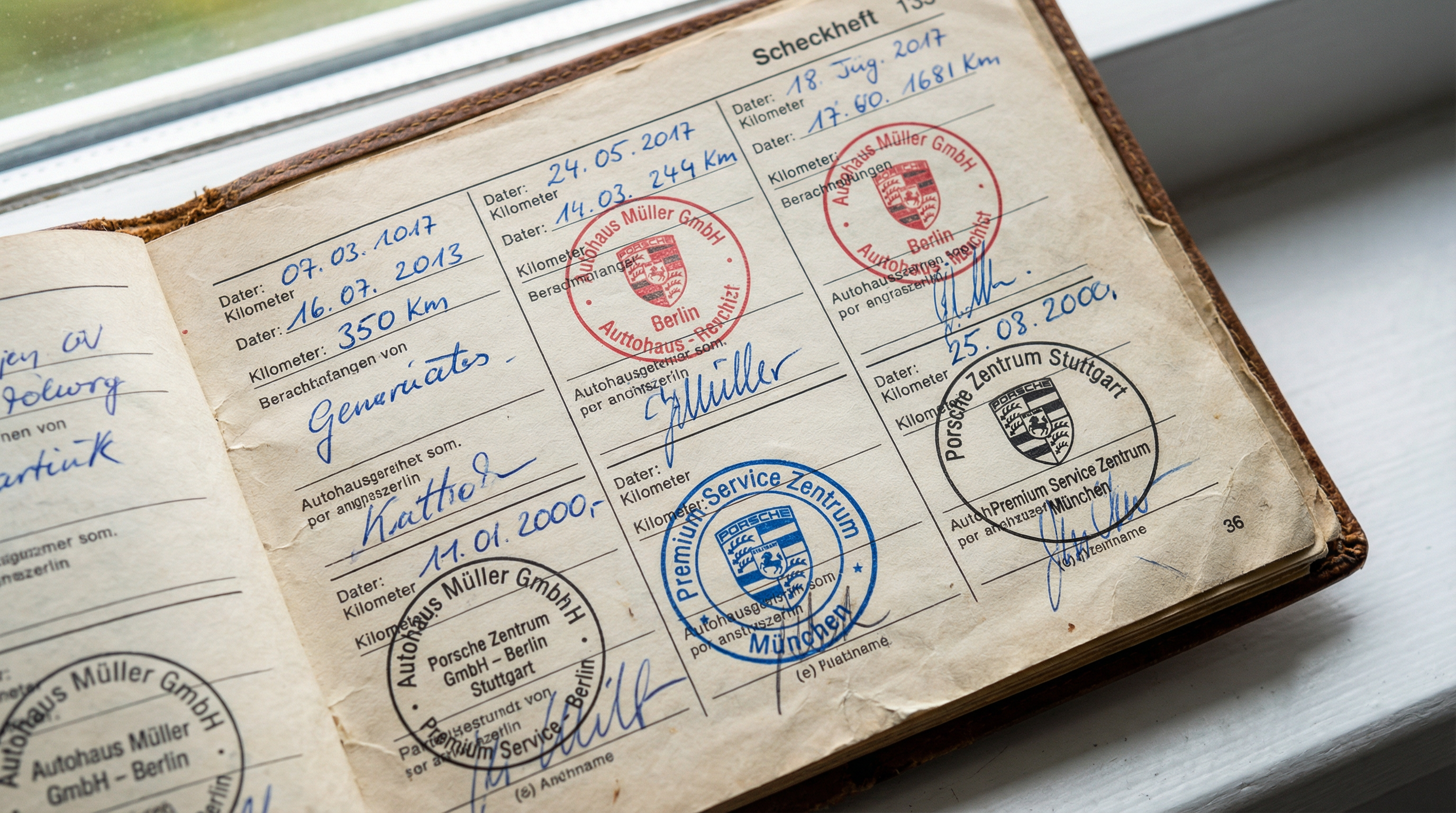 Dicionário Alemão: Um close-up de um livro de revisões de um carro (Scheckheft) impecável, com vários carimbos oficiais de uma marca alemã premium