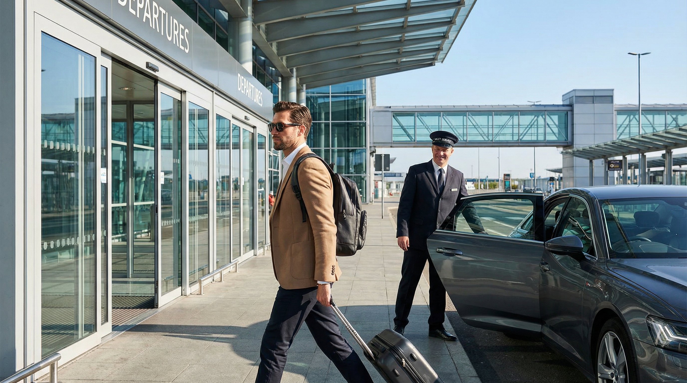 Valet Parking: Um viajante confiante ( ninja ) a caminhar com mochila em direção às portas de Partida do aeroporto, enquanto o motorista da Multipark já está a entrar no carro dele para o ir estacionar