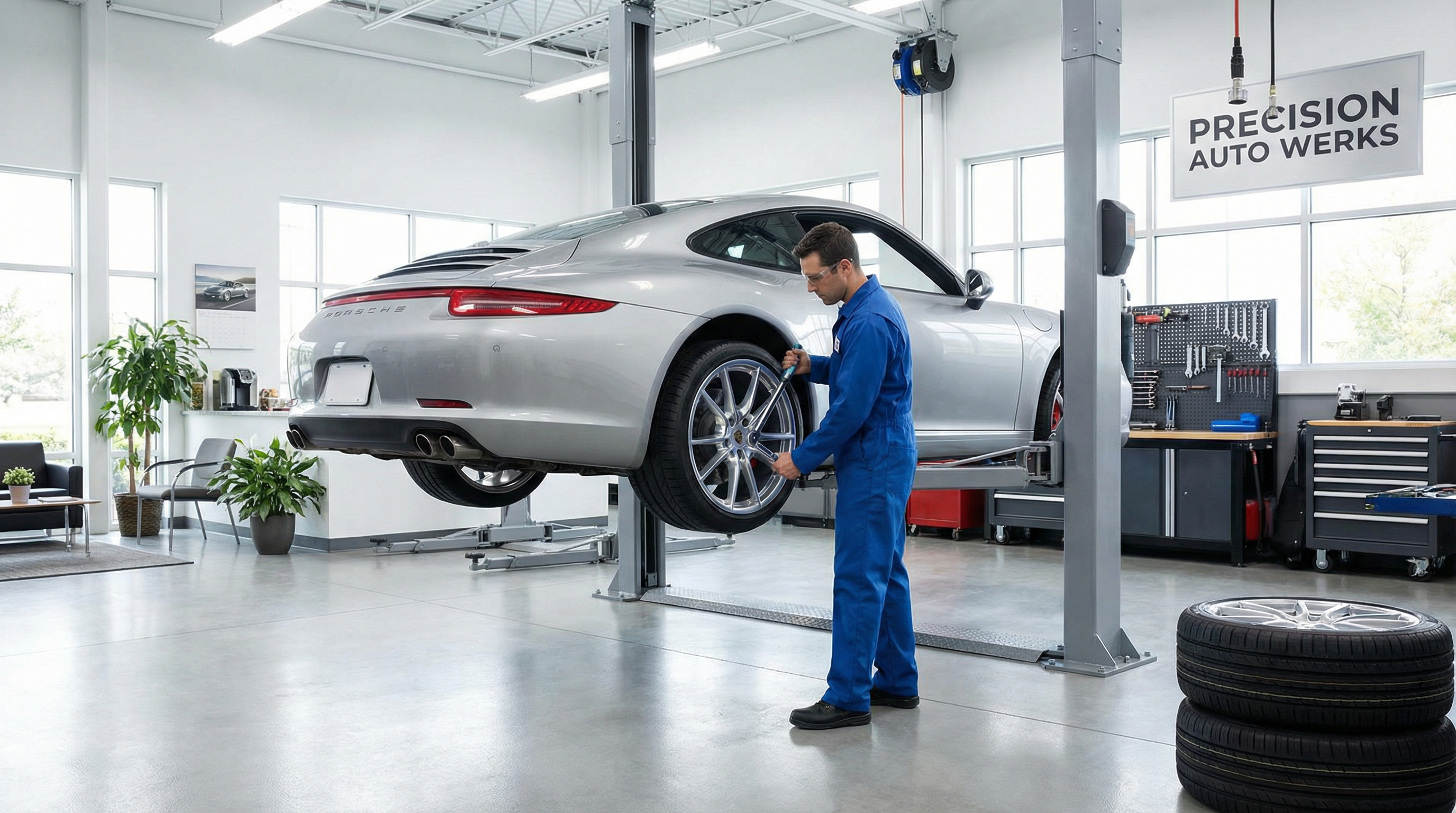 Revisão Multipark: O carro do cliente num elevador de oficina iluminada e limpa, com um mecânico profissional de farda a colocar-lhe pneus novos
