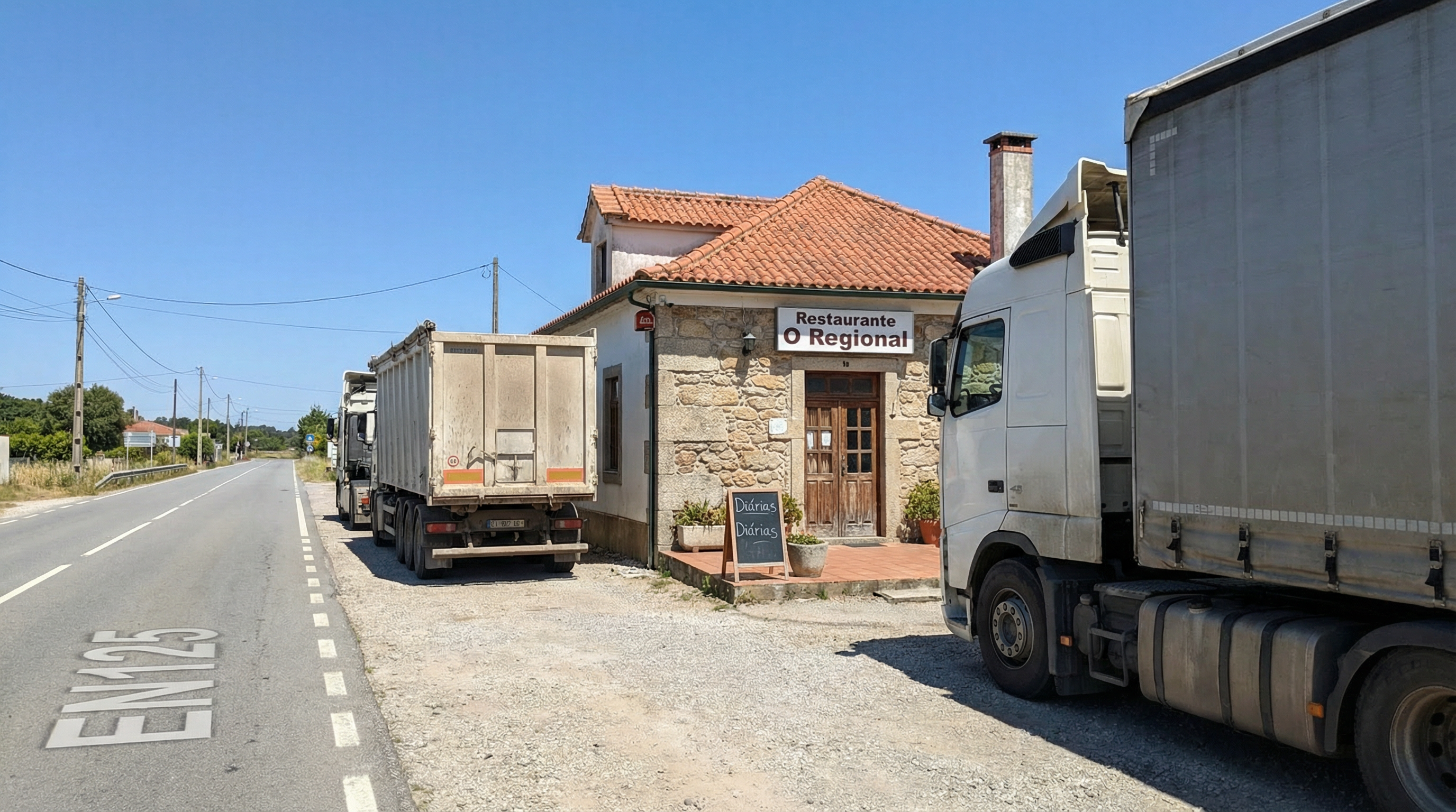 Dica: Fachada rústica e acolhedora de um restaurante tradicional português à beira de uma Estrada Nacional, com camiões estacionados à porta