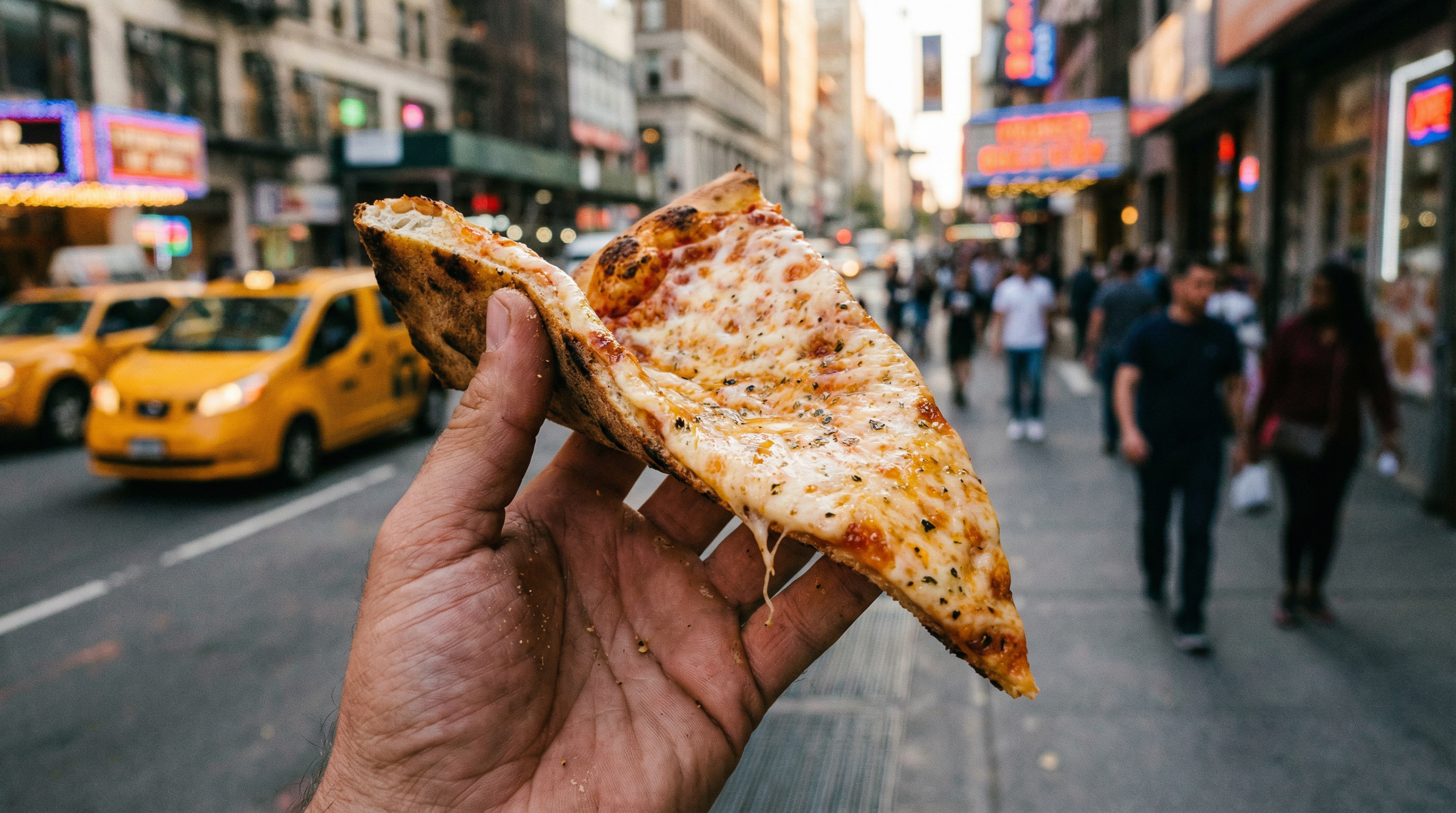 Dica: Close-up mouth-watering de uma pessoa a segurar uma fatia de piza de queijo típica de Nova Iorque, dobrada ao meio