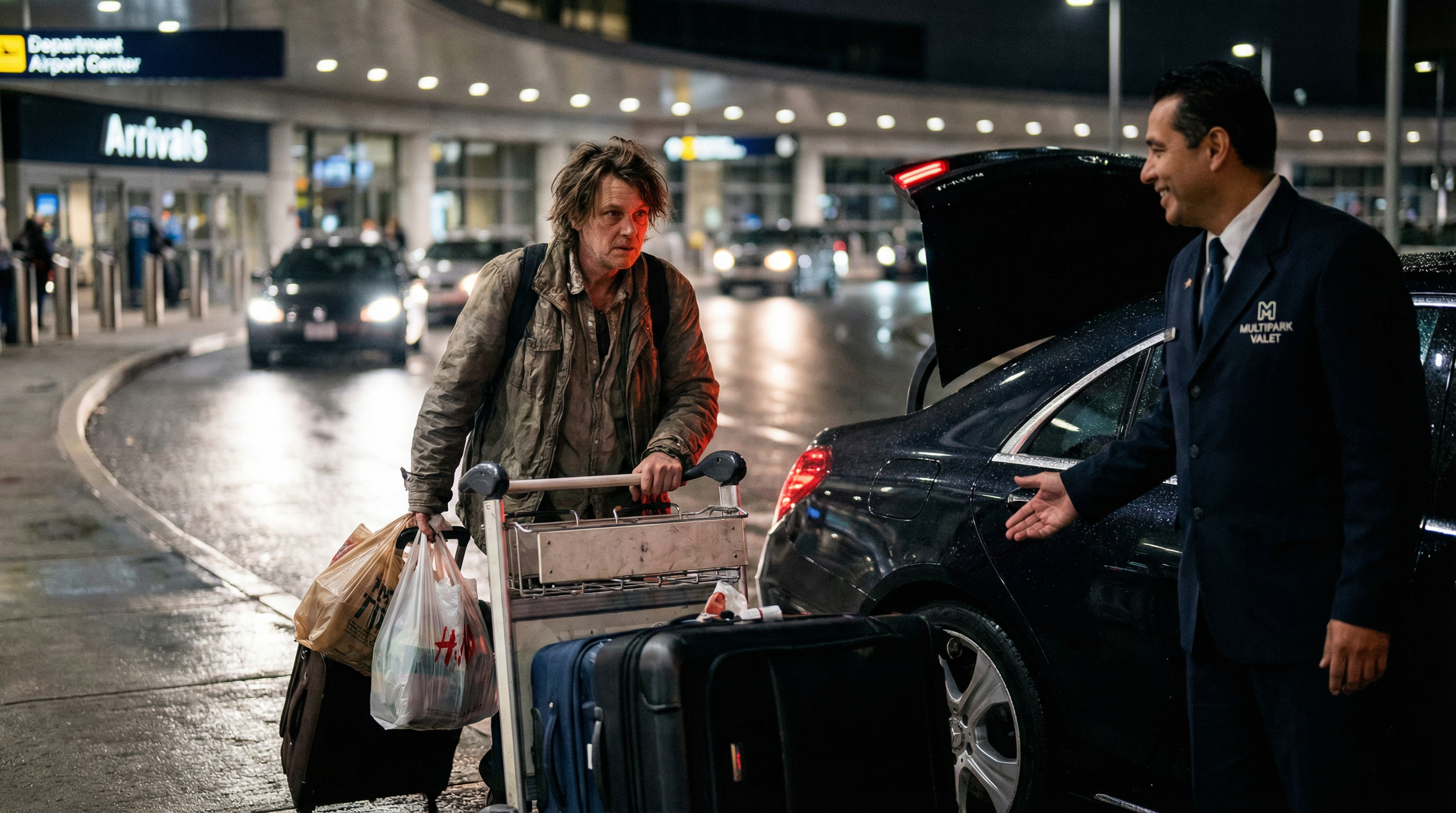 Valet Parking: Viajante cansado com sacos de compras de outlets e malas pesadas a chegar às Chegadas do aeroporto à noite, a sorrir de alívio ao ver o seu carro à espera com o motorista da Multipark a abrir-lhe a bagageira